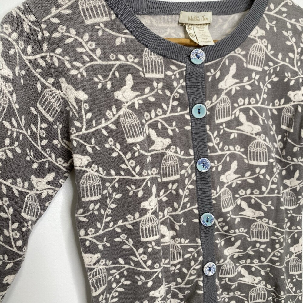 Matilda Jane 10 Secret Fields Winter Wonderland Bird Print Grey Cardigan Sweater - Picture 4 of 6